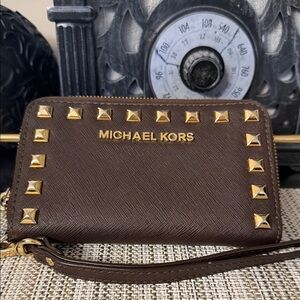 Michael Kors Dark Brown Leather Wristlet with Gold Studs